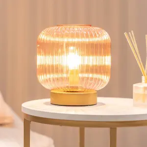 ValueLights Monroe Blush Pink Ribbed Glass Portable Cordless Battery Powered Table Lamp Bedside Light