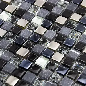 Luxury Black, Grey & Diamond Glass, Stone & Steel Mosaic Wall Tiles Sheet 8mm