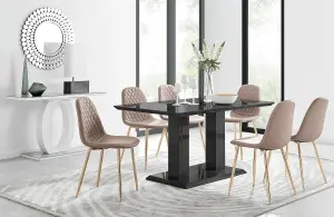 Imperia Black High Gloss 6 Seater Dining Table with Structural 2 Plinth Column Legs 6 Beige Faux Leather Gold Leg Corona Chairs