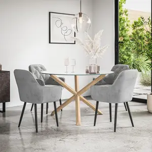 Malvern Round Dining Table And Chairs -  Clear Glass Table Top w Solid Oak Legs + Anika Velvet Dining Chair Set Of 4 (Grey)