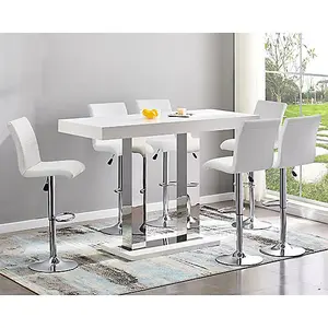 Caprice Large White Gloss Bar Table With 6 Ripple White Stools