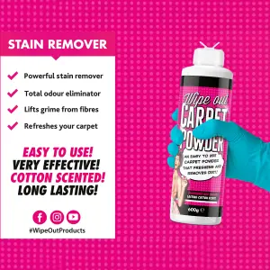 Wipeout - Magic Carpet Powder Refresher- Removes Stains and Odours, Powerful Fabric Cleaner, Fresh Cotton Scent - 600g