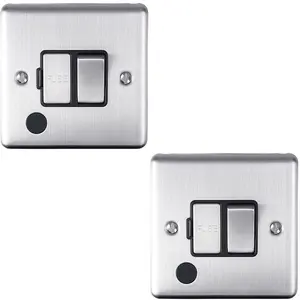 2 PACK 13A DP Switched Fuse Spur & Flex Outlet SATIN STEEL & Black Isolation