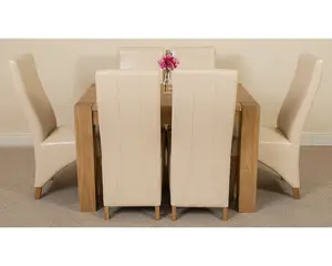 Kuba 125 x 80 cm Chunky Oak Small Dining Table and 6 Chairs Dining Set with Lola Ivory Leather Chairs