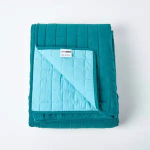 Homescapes Cotton Quilted Reversible Bedspread Teal & Blue, 150 x 200 cm