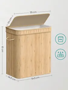 SONGMICS Laundry Hamper With Lid, 100 L Bamboo Laundry Basket, Removable Machine Washable Hamper Basket, With Handles, Natural