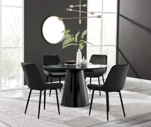 Palma Black Semi Gloss Round Dining Table & 4 Black Pesaro Black Leg Chairs