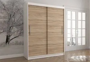 Functional Vista 06 Sliding Door Wardrobe with Ample Storage Space in White and Oak Sonoma - (H)2000mm x (W)1500mm x (D)610mm