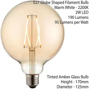 125mm GLOBE LED Filament Light Bulb AMBER GLASS E27 Screw 2W Warm White Lamp