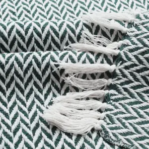 EHC Herringbone Cotton Throw for Double bed Sofa Couch,150 x 200 cm, Hunter Green