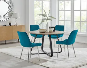 Furniturebox UK Santorini Brown Round Round Dining Table And 4 Blue Pesaro Silver Leg Chairs