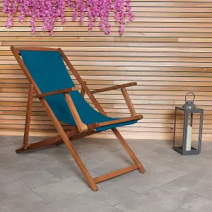 Charles Bentley Folding FSC Eucalyptus Wooden Deck Chair Beach Sun Lounger Teal