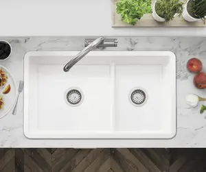 Clearwater Metro Ceramic White Kitchen Sink Double Bowl Undermount/ Inset - MET1080 + Waste Kit