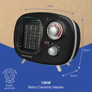 Russell Hobbs Fan Heater 1500W Portable Electric Retro Black Ceramic Heater RHRETPTC2001B