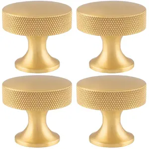 4 PACK - Knurled Flared Stem Cabinet Door Knob - 38mm Satin Brass Cupboard Pull Handle