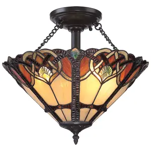 Elstead Cambridge 2 Light Semi Flush Ceiling Light Vintage Bronze, Tiffany Glass, E27