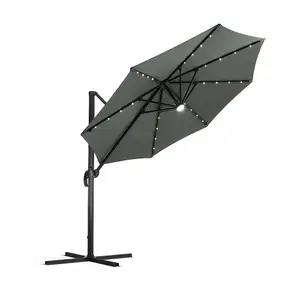 3m Aluminium Cantilever Parasol with 360 Degree Rotation Solar LED Outdoor Patio Round Umbrella