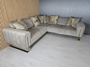 Genova Velvet Beige Corner Sofa With Gold Metal Legs