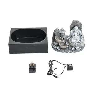 Grey Resin Electric Tabletop Happy Sitting Buddha Fountain with LED Light