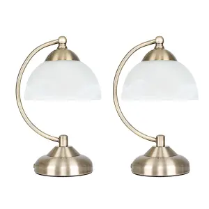 ValueLights Stamford Pair of Curved Antique Brass and Frosted Glass Bedside Table Lamps