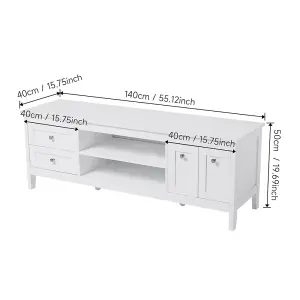 Classic White Wooden TV Stand with Drawers and Shelf 140cm W x 40cm D x 50cm H