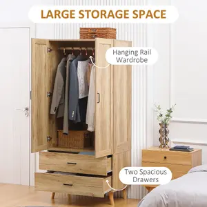 HOMCOM 2 Door Wardrobe with 2 Drawers and Hanging Rail for Bedroom