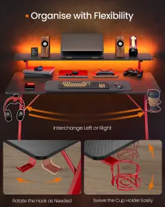 SONGMICS HOME Gaming Desk with LED Lights, Z-Shaped Computer Desk with Monitor Stand, Cup Holder and Headphone Hook