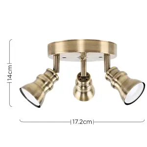 ValueLights Trad Modern Retro Antique Brass 3 Way Round Adjustable Ceiling Spotlight