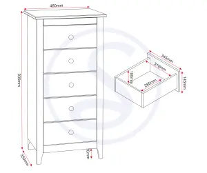 Oslo 5 Drawer Narrow Chest in Pine Finish with Metal Handles