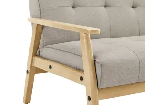 Langford Sofa Bed Fabric 3 Seater Button Detail Wooden Frame Sofabed, Cream with Oak Colour Wood