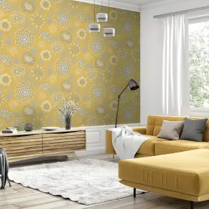 Arthouse Vintage Bloom Mustard Yellow Wallpaper