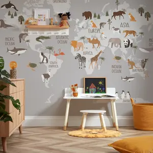 Scandi Safari Map Mural In Grey (350cm x 240cm)