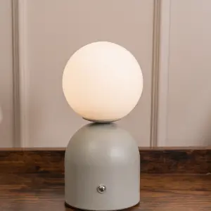 ValueLights Marlow Rechargeable Touch Button Table Lamp with Opal Globe Lampshade - Oyster Grey