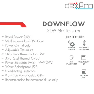 2kW Downflow Fan Heater Circulator Wall Mounted: Adjustable Thermostat Pull Cord