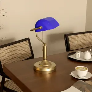 HOMCOM Banker's Table Lamp w/ Antique Bronze Tone Base, Blue