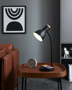 EGLO Veradal-QI Steel/Natural Wood Touch Dimmer, QI Charging LED Table Lamp