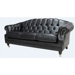 Chesterfield 3 Seater Old English Black Leather Sofa Settee Bespoke In Victoria Style