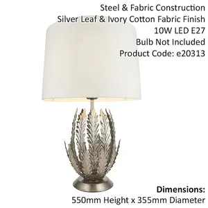 2 PACK Ornate Silver Table Lamp Ivory Cotton Fabric Shade Decorative Leaf Design