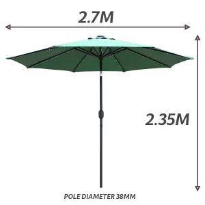 GlamHaus Garden Parasol Solar LED 2.7M ,Tilting Table Umbrella with Crank Handle, Protection UV40, Includes Parasol Cover- Green