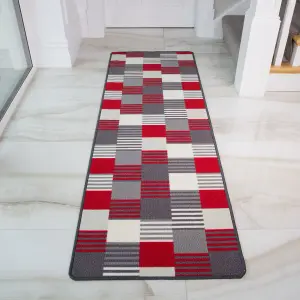 Red Grey Geometric Block Striped Non Slip Washable Kitchen Utility Mat 66x200cm