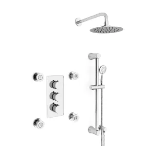 Flora Round 3 Way Concealed Thermostatic Shower Mixer Valve, Shower Head, Slider Rail kit, Body Jets Set Chrome