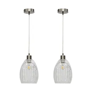 First Choice Lighting Set of 2 Birch Clear Fluted Glass with Satin Nickel Pendant Fittings