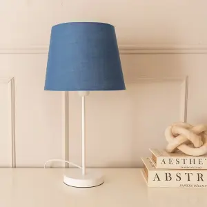 ValueLights Charles White Single Stem Table Lamp with Navy Blue Tapered Lamp Shade and LED Bulb