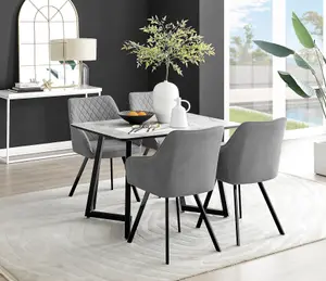 Furniturebox UK Carson White Marble Effect Dining Table & 4 Dark Grey Falun Black Leg Chairs