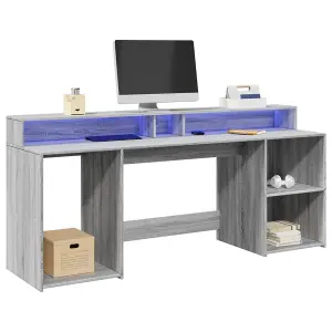 Berkfield Desk with LED Lights Grey Sonoma 200x55x91 cm Engineered Wood