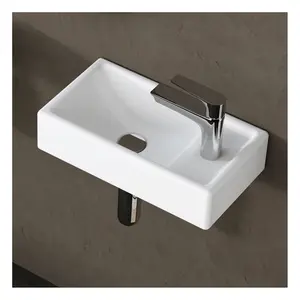 16-Inch Wall Hung Basin Sink Combo, Small Cloakroom Basin, Rectangle Ceramic Bathroom Wash Basin - Right Hand Sink Set (Include Faucet & Pop-up Drain)