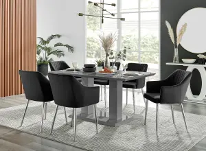 Imperia Grey High Gloss 6 Seater Dining Table with Structural 2 Plinth Column Legs 6 Black Velvet Silver Leg Calla Art Deco Chairs