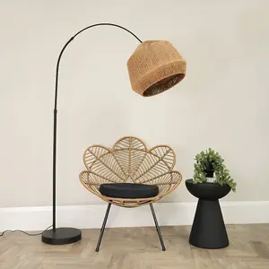 ValueLights Louis Black Arched Curved Floor Lamp with Natural Rope Dome Lamp Shade and LED Bulb