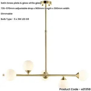 Multi Arm Hanging Ceiling Pendant Light - Satin Brass Plate & Gloss White Glass Shade - 5 x 3W LED G9