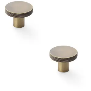 2 PACK - Knurled Round Radio Cupboard Door Knob - 38mm Diameter Antique Brass Pull Handle